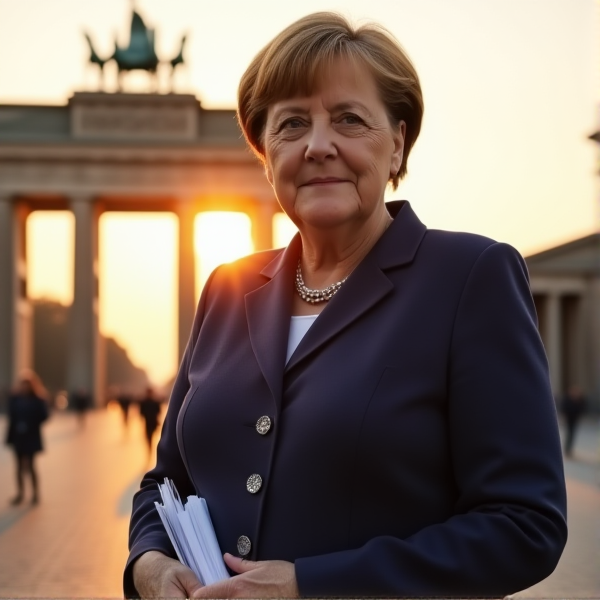 Angela Merkel vor dem Brandenburgertor am Sonnenaufgang